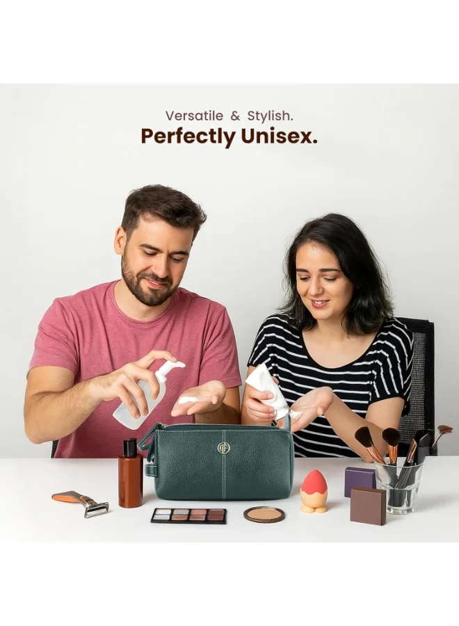 HAMMONDS FLYCATCHER  Genuine Leather Toiletry Bag for Men and Women - Travel Organizer Pouch, Shaving Kit Bag for Men, Cosmetic Organizer Bag, Toiletry Pouch for Men with Multiple Pockets -TC4005  Green  | Best Price UAE